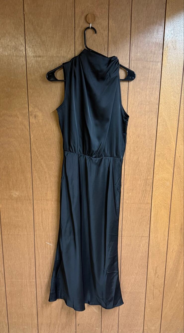 Pretty Garden Women Small Black Satin Maxi Dress High Neck Asymmetrical Cocktail